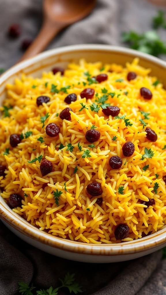 A bowl of saffron rice pilaf garnished with raisins and herbs.