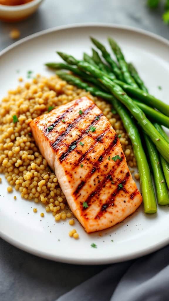 A plate of grilled salmon with asparagus and quinoa.