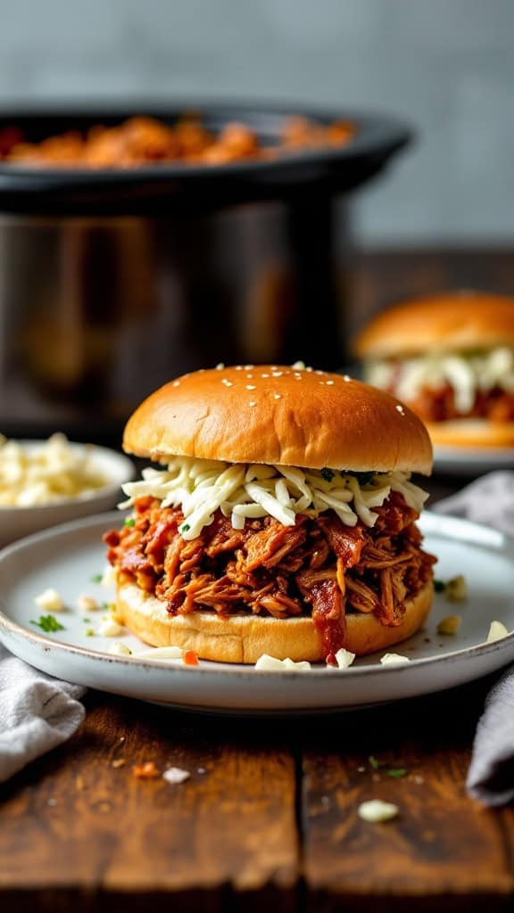 A plate of BBQ pulled pork on a bun with coleslaw, next to a crockpot.