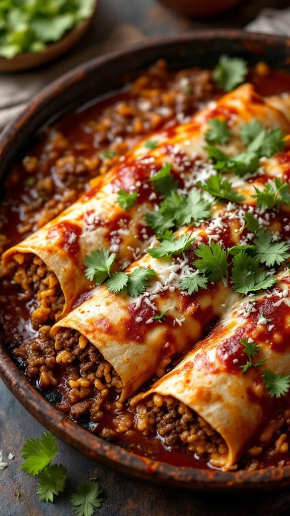 A close-up of beef and rice enchiladas topped with cilantro in a casserole dish.