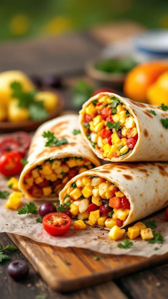 Three breakfast burritos filled with colorful vegetables and herbs on a wooden board.