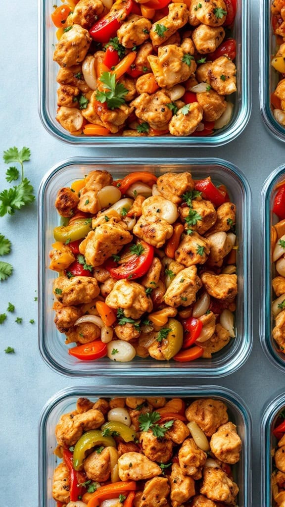 Meal prep containers filled with chicken fajitas and colorful bell peppers.