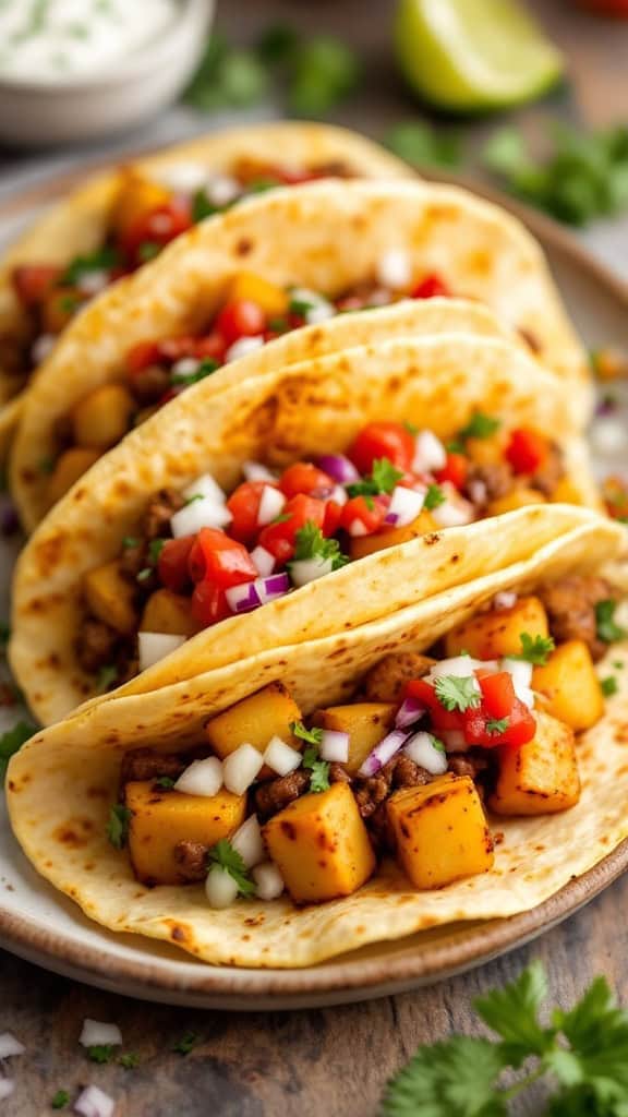 A plate of savory chorizo and potato tacos topped with fresh salsa and cilantro.