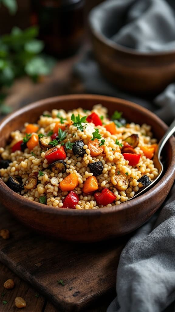 A bowl of savory farro salad with roasted vegetables, featuring colorful ingredients.