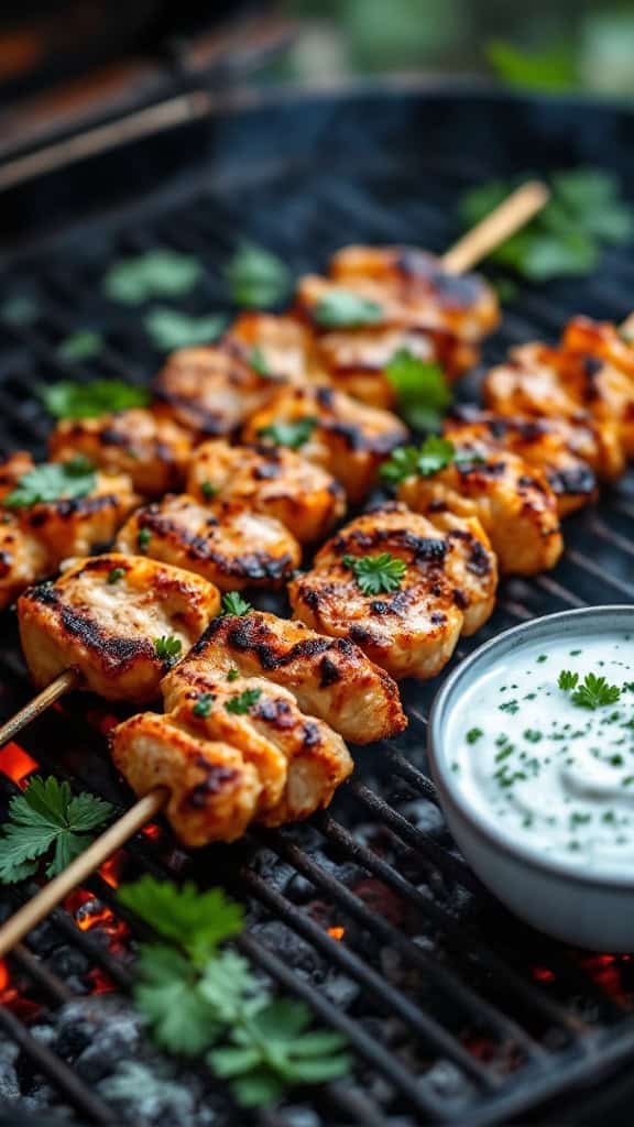 Delicious Greek chicken skewers grilling with fresh herbs and a yogurt dip