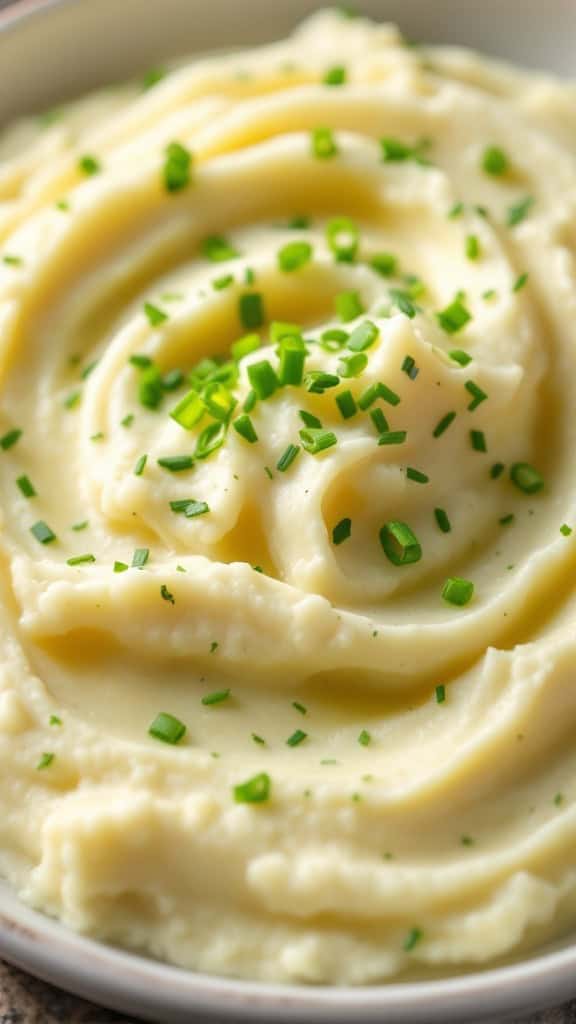 A zoomed photo of a creamy mashed potatoes topped with fresh herbs in a bowl.