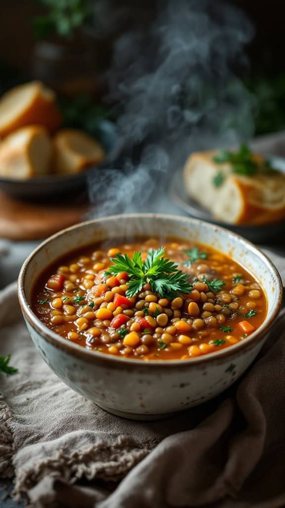 A bowl of steaming lentil soup with carrots and celery, garnished with fresh herbs.