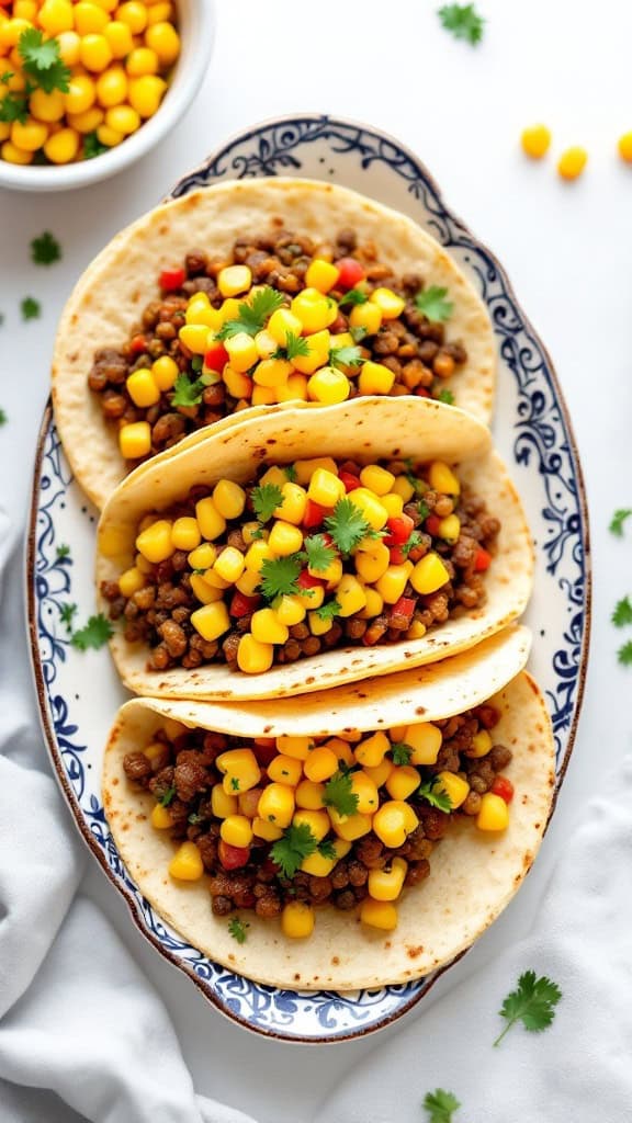 Savory lentil tacos topped with fresh corn salsa on a decorative plate.