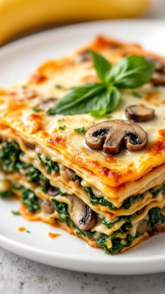 A close-up of savory mushroom and spinach matzah lasagna on a plate, topped with fresh basil.