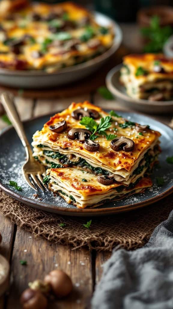 A plate of savory mushroom and spinach matzo lasagna with layers of matzo, mushrooms, spinach, and cheese.