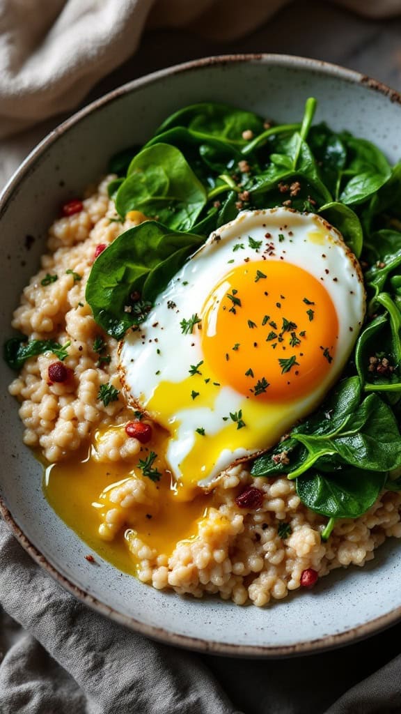 A bowl of savory oatmeal topped with a poached egg and fresh spinach.