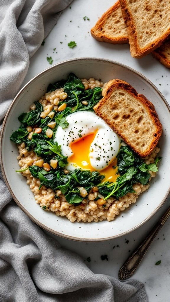 Bowl of savory oatmeal with spinach and a poached egg, accompanied by toasted bread.