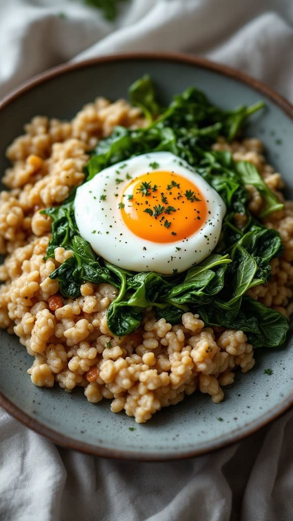 A bowl of savory oatmeal topped with fresh spinach and a poached egg.
