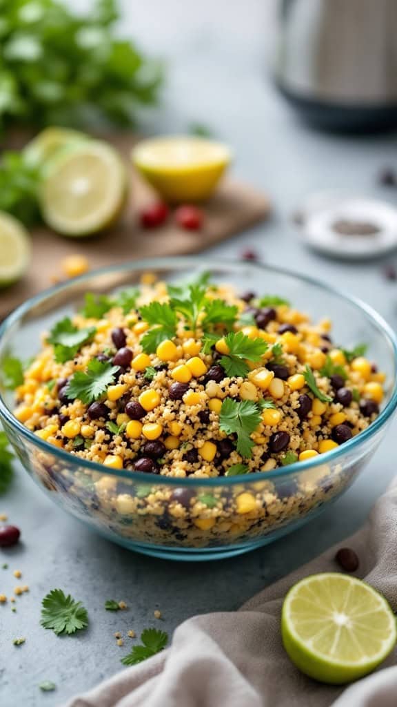 A vibrant quinoa and black bean salad with corn and cilantro in a glass bowl, surrounded by lime slices.