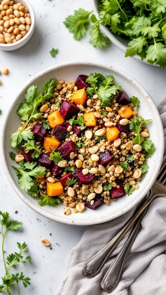 A bowl of quinoa mixed with roasted beets, diced squash, pine nuts, and fresh cilantro.