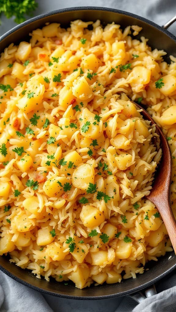A skillet filled with sauerkraut and diced potatoes, garnished with fresh parsley.