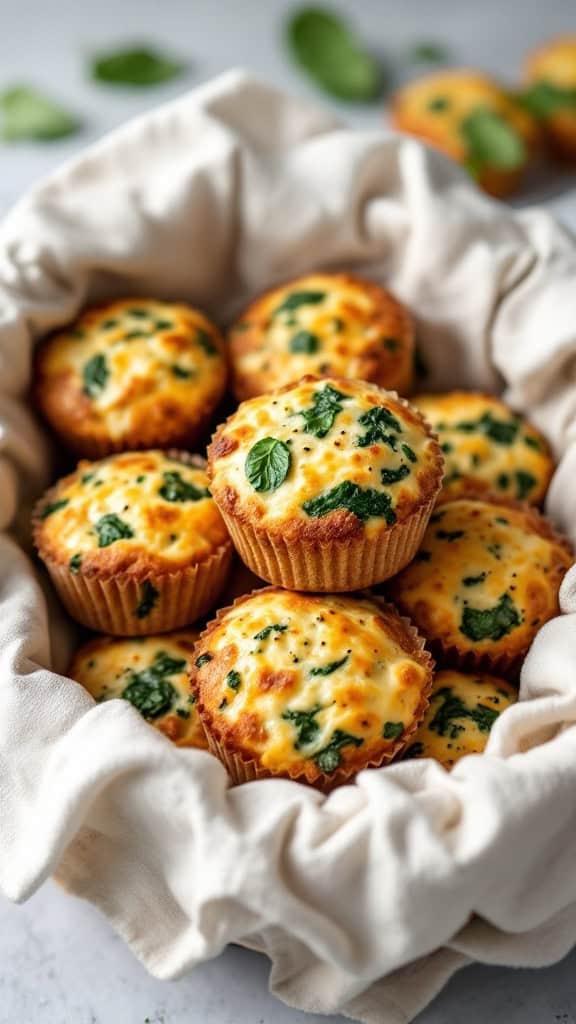 Savory spinach and cheese muffins in a basket.
