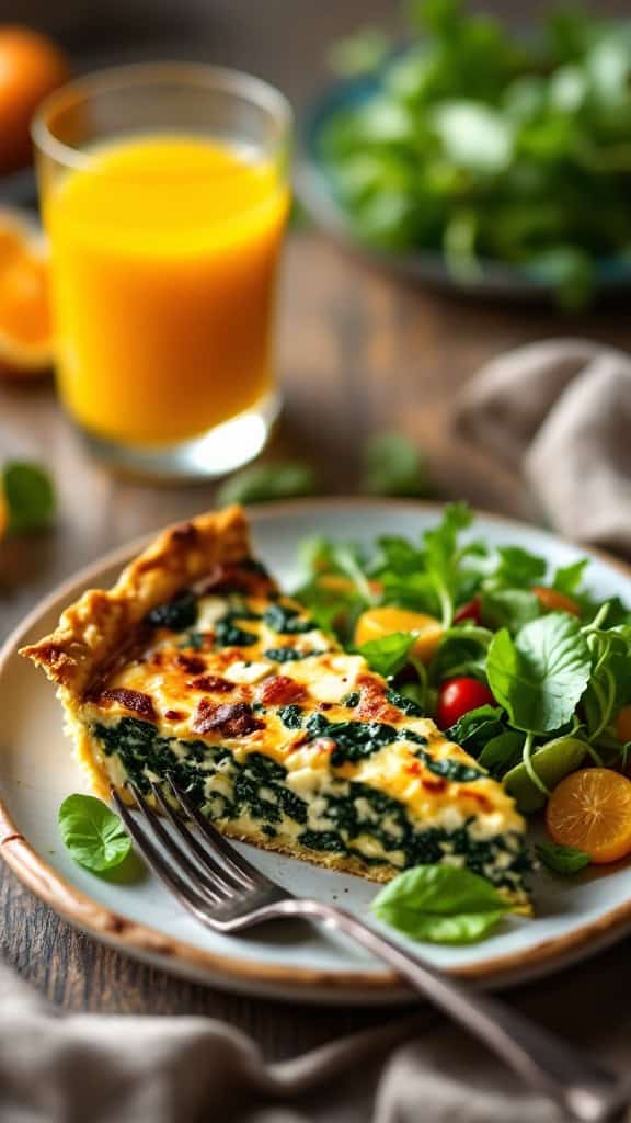 A slice of spinach and feta quiche served on a plate with a side salad and a glass of orange juice.