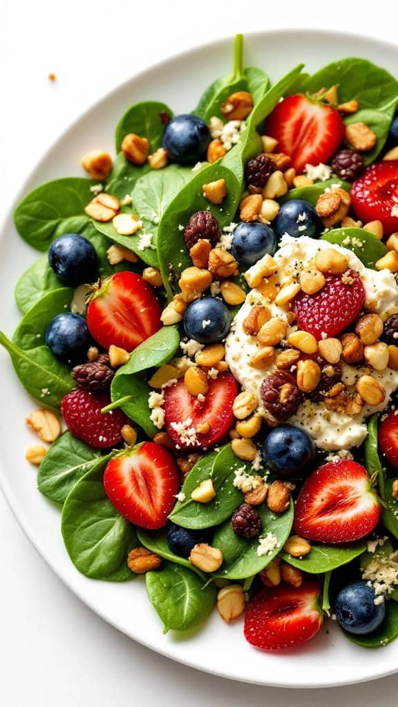 A vibrant salad with spinach, berries, ricotta, and nuts on a plate.