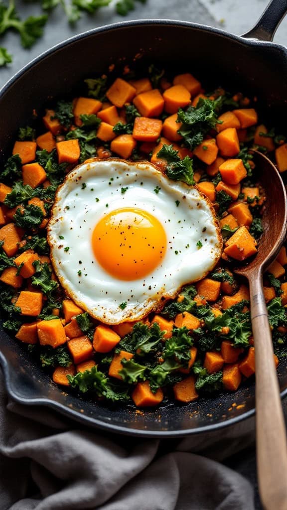 A skillet containing sweet potato cubes and kale topped with a sunny-side-up egg.