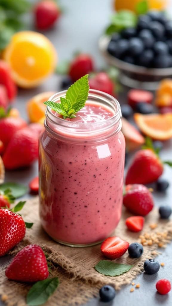 A jar of vibrant fruit smoothie surrounded by fresh strawberries, blueberries, and citrus fruits.