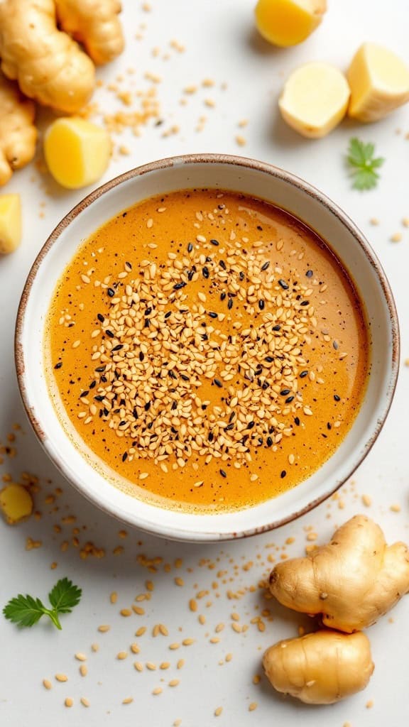 Bowl of sesame ginger dressing with ginger roots and sesame seeds surrounding it.