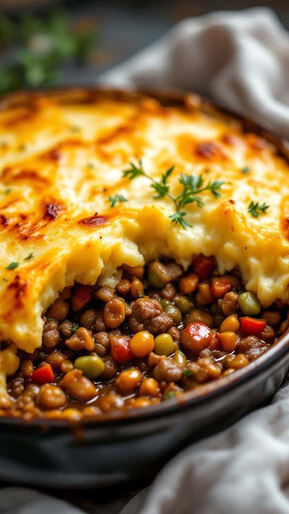 A delicious Shepherd's Pie with mashed potato topping, featuring a colorful filling of meat and vegetables.