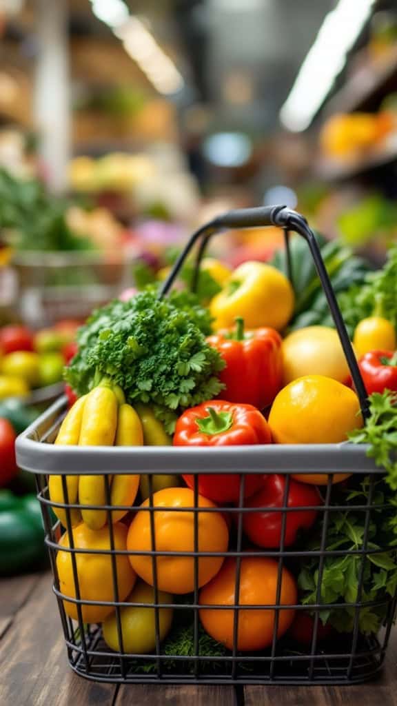 A shopping cart filled with colorful fresh vegetables in a grocery store aisle.