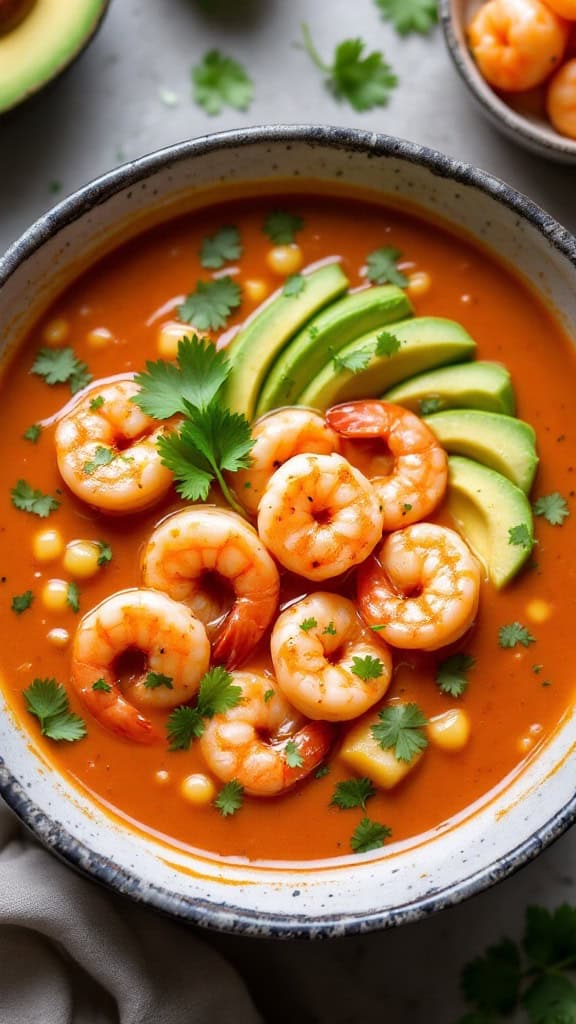 A bowl of shrimp and avocado gazpacho garnished with cilantro and avocado slices.