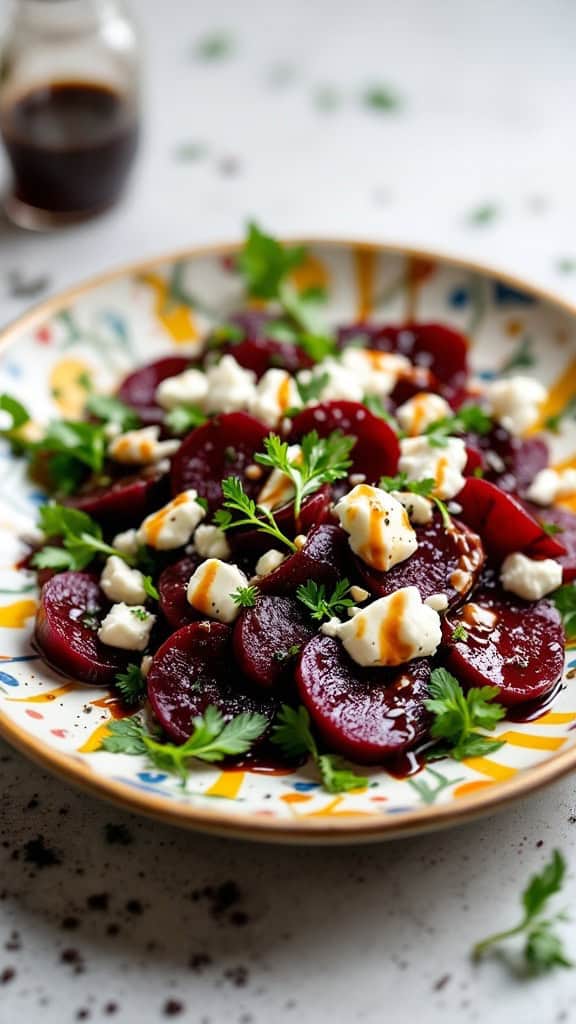 A vibrant salad featuring sliced beets, goat cheese, and fresh herbs on a decorative plate.