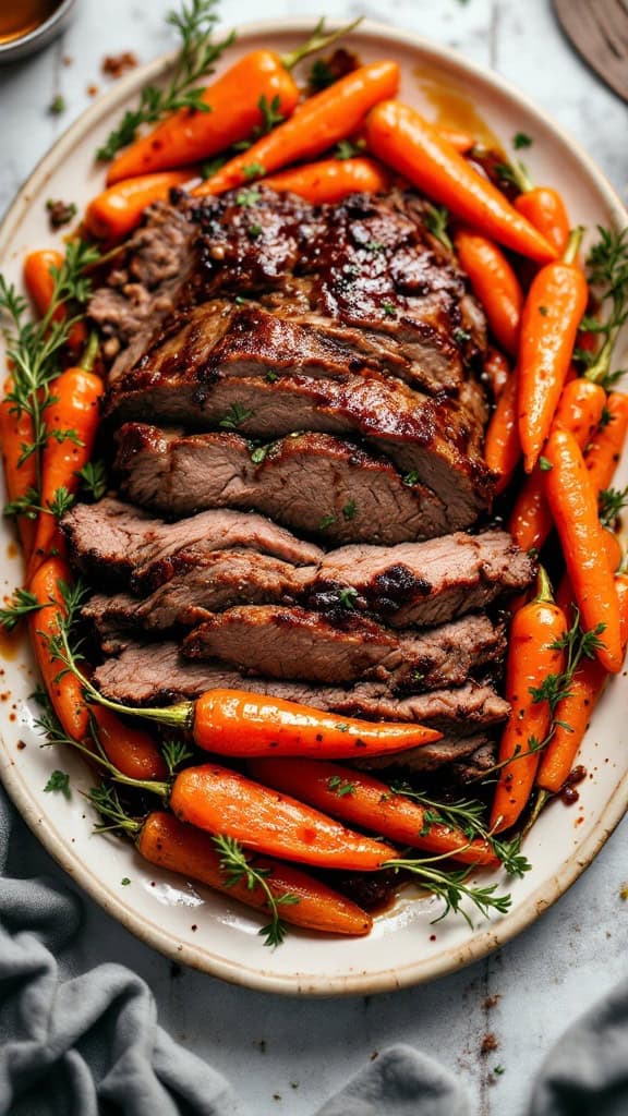 Plate of slow-cooked brisket with carrots and herbs.