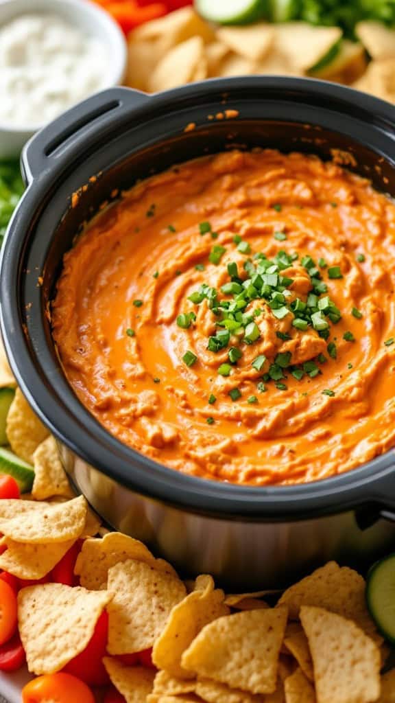 A creamy buffalo chicken dip in a slow cooker, garnished with green onions, surrounded by tortilla chips and fresh vegetables.