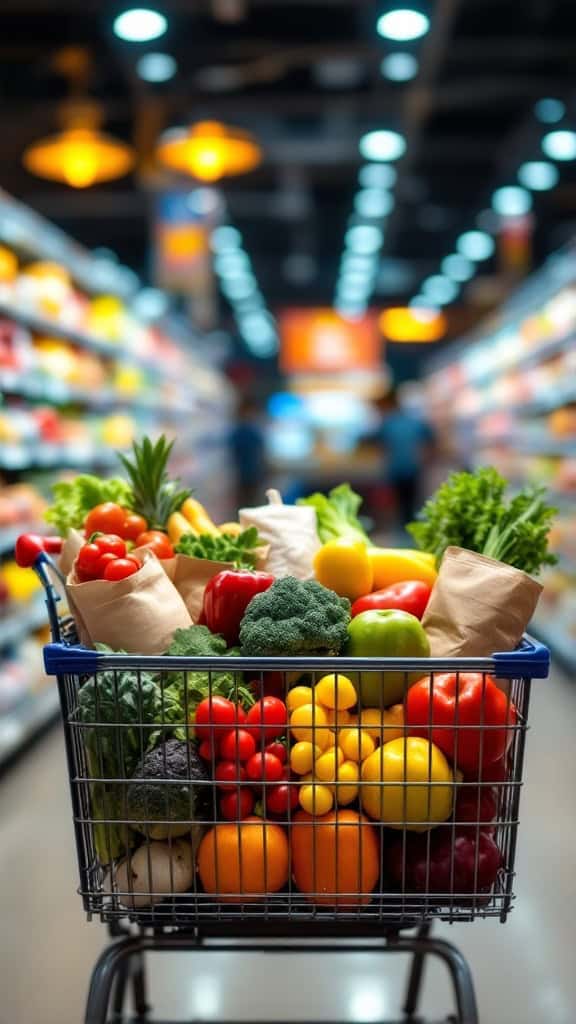 A grocery cart filled with fresh vegetables and fruits in a supermarket aisle.