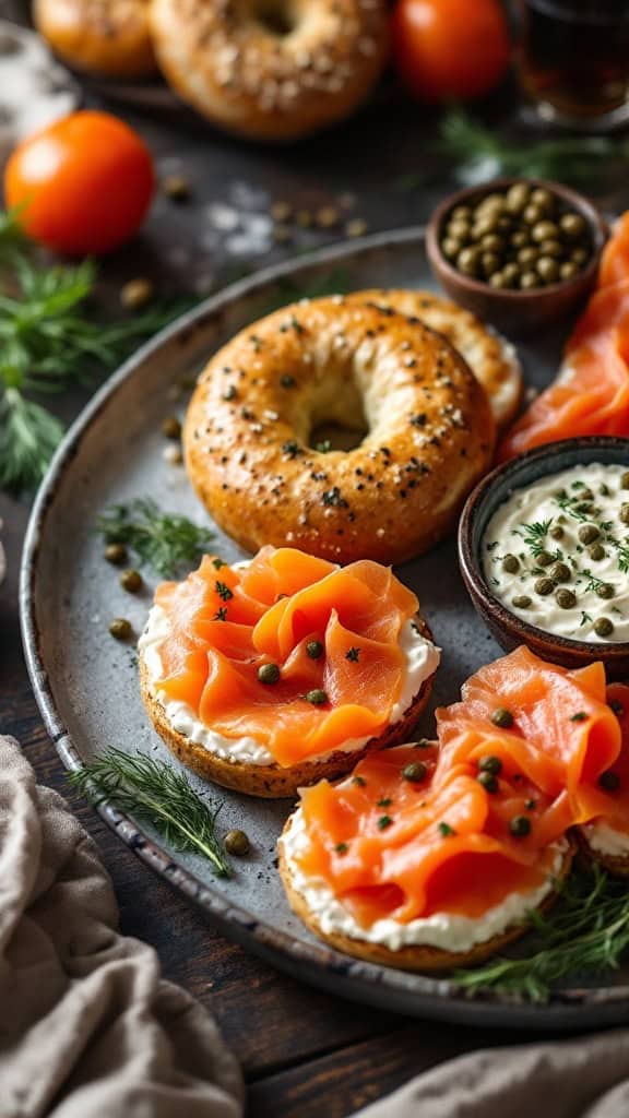 A plate with bagels topped with cream cheese and smoked salmon, garnished with capers and herbs.