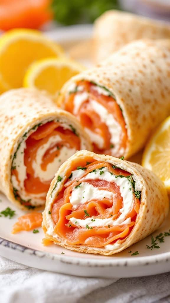Smoked salmon and cream cheese wraps on a plate with lemon slices.