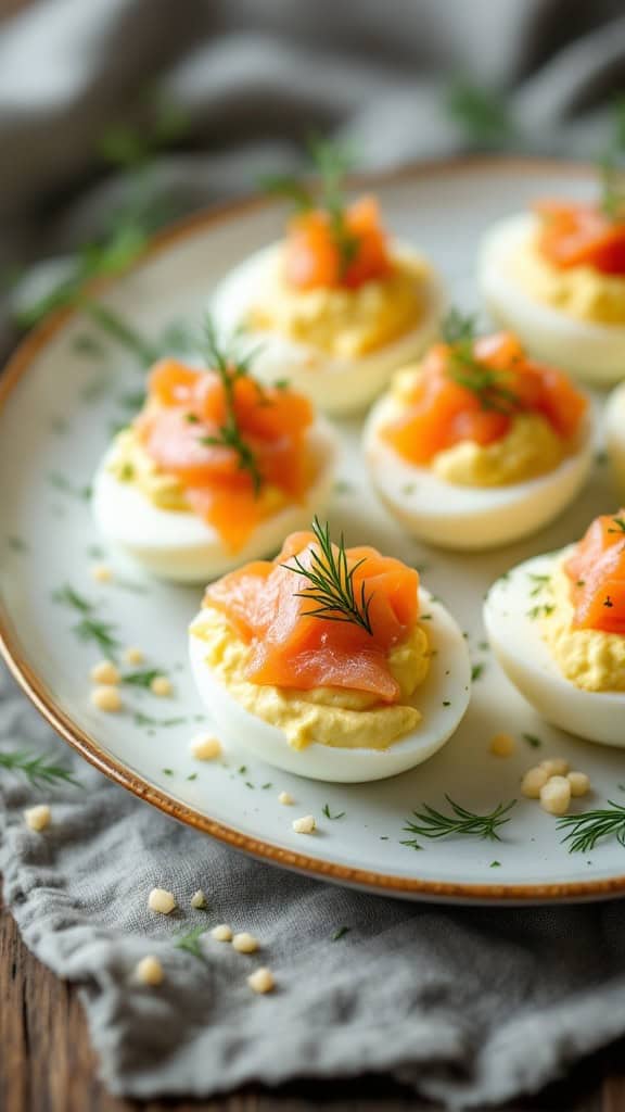 A plate of deviled eggs topped with smoked salmon and dill.