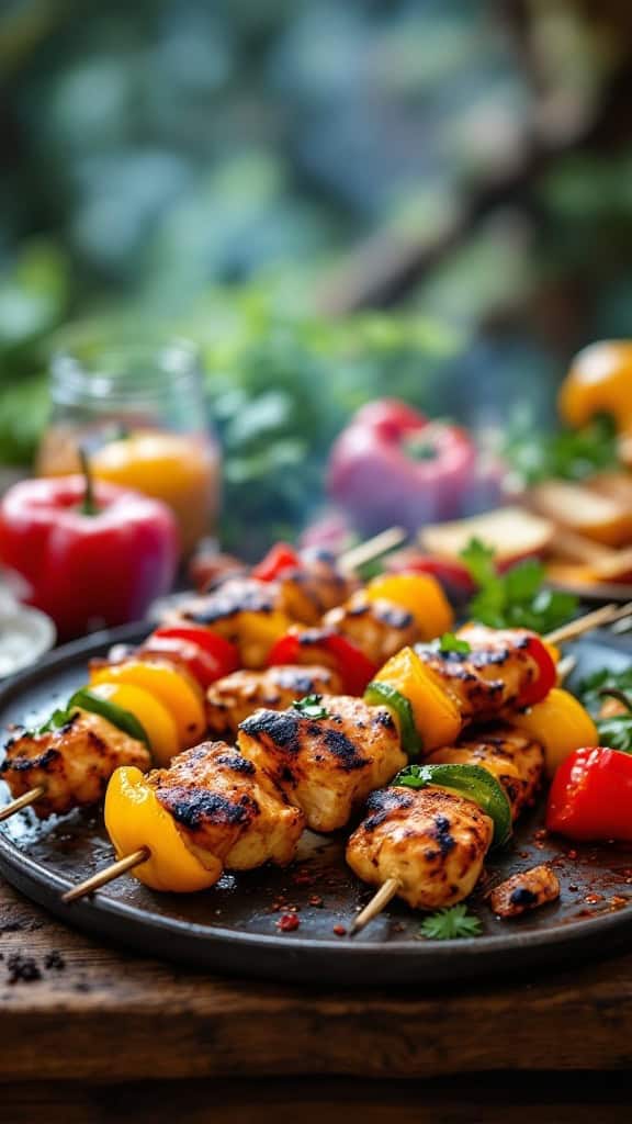 Grilled smoky chipotle chicken skewers with bell peppers on a plate.