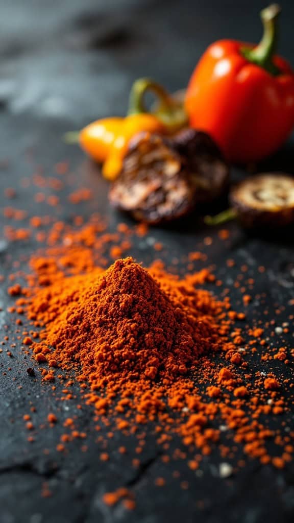 A pile of smoky paprika powder with red and yellow peppers in the background.