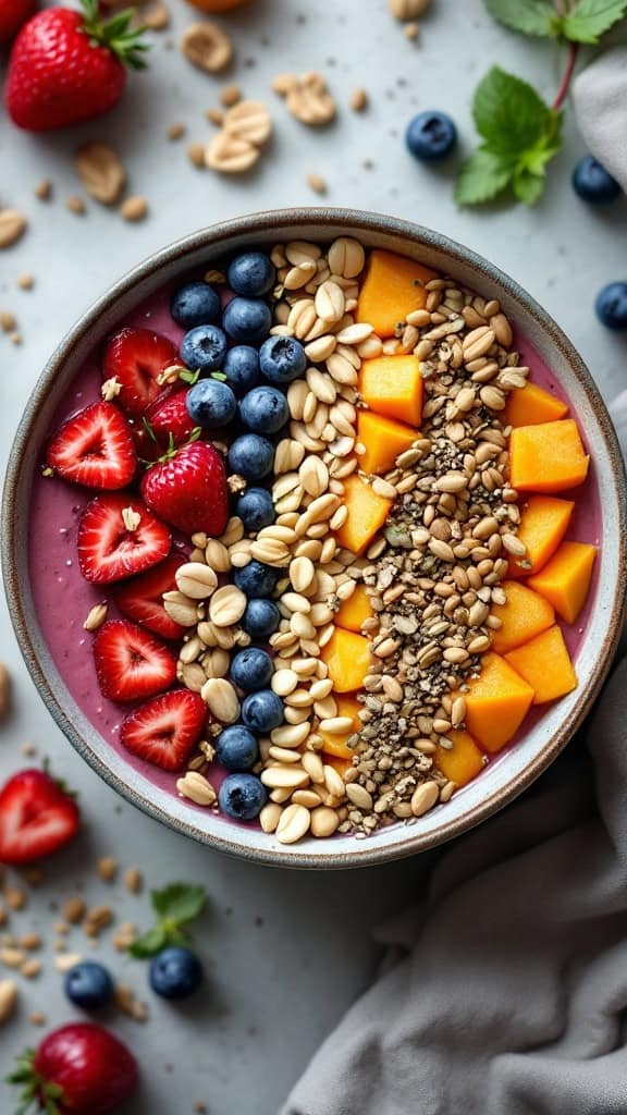 A colorful smoothie bowl topped with strawberries, blueberries, cantaloupe, and seeds.