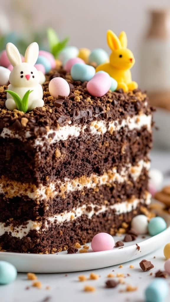 A delicious s'mores Easter dirt cake decorated with marshmallows and colorful candies.