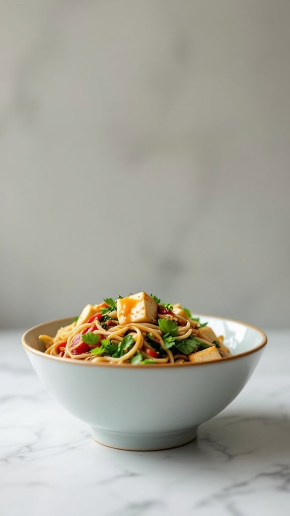 A bowl of soba noodle salad topped with tofu and fresh herbs.