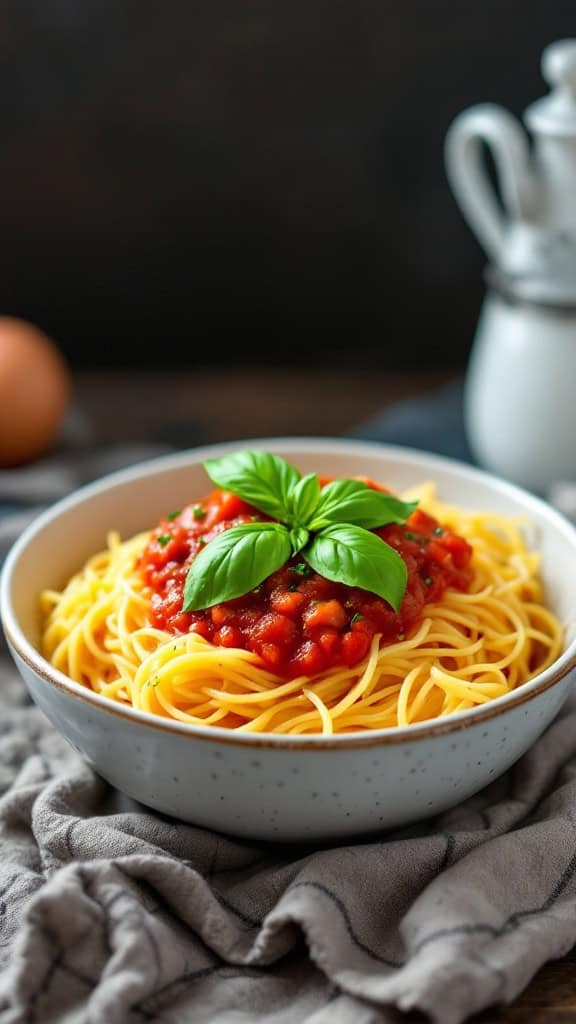 A bowl of spaghetti squash topped with marinara sauce and fresh basil.