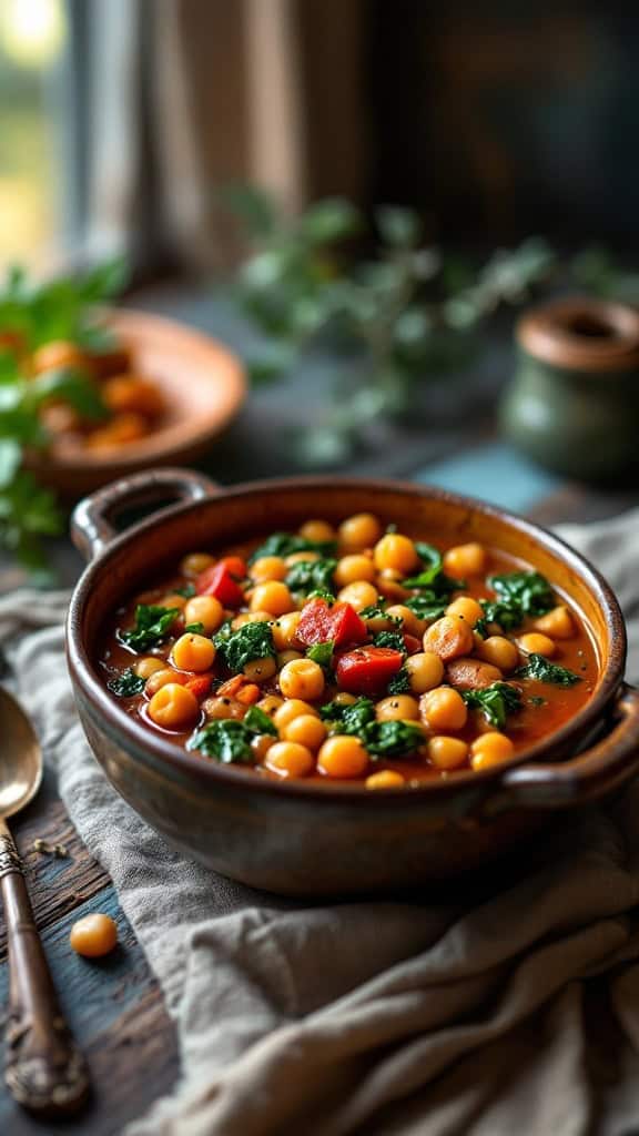 A bowl of Spanish chickpea and spinach stew with vibrant colors and fresh ingredients.