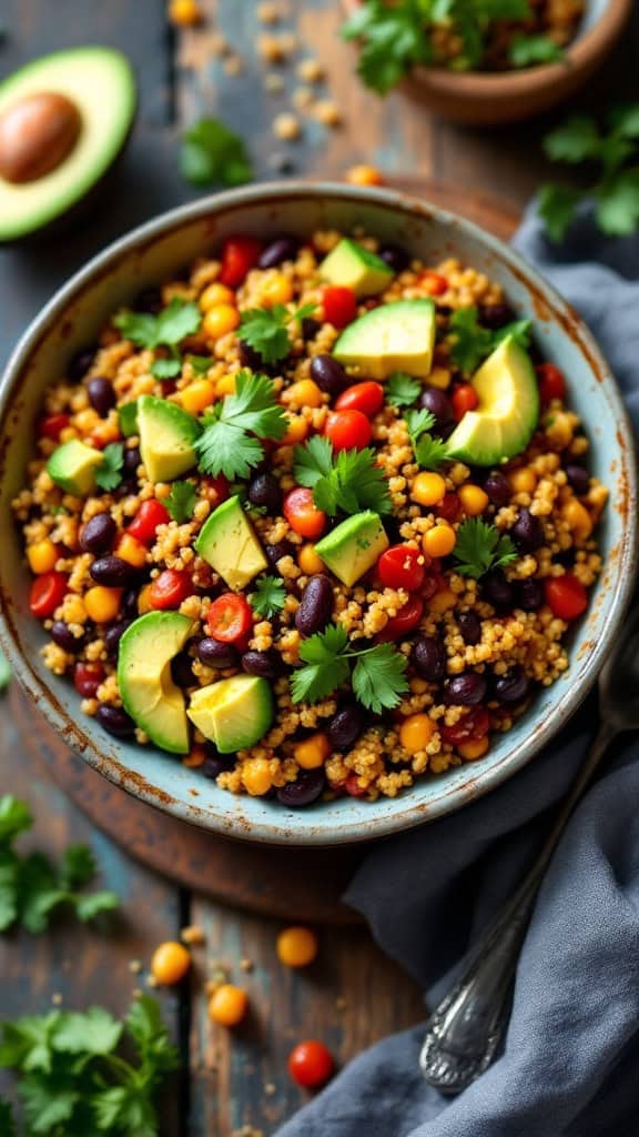 A bowl of spicy black bean and quinoa topped with avocado and cilantro.