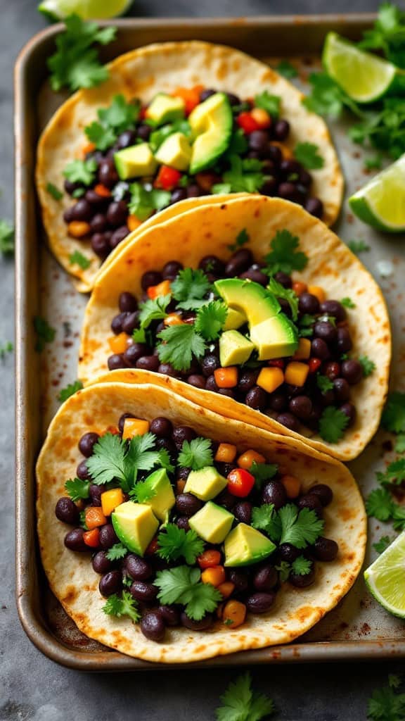Three black bean tacos topped with avocado, chopped vegetables, and cilantro, served with lime wedges.