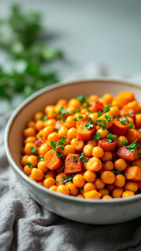 A bowl filled with spicy chickpeas and sweet potatoes topped with fresh herbs.