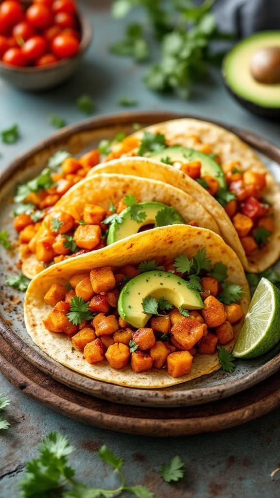 Spicy chickpea and sweet potato tacos on a plate with avocado and lime.