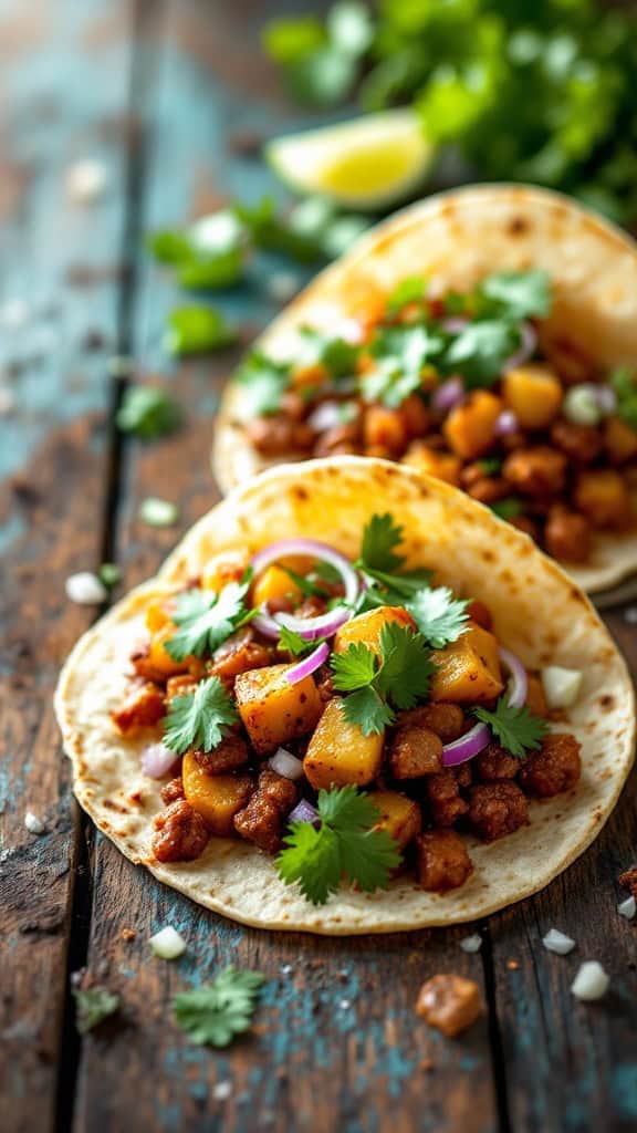 Two tacos filled with spicy chorizo and potatoes, topped with cilantro and onions.