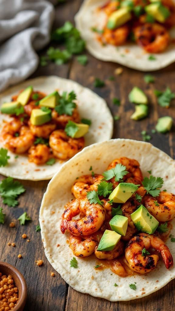 Three spicy grilled shrimp tacos topped with avocado and cilantro on a wooden table.