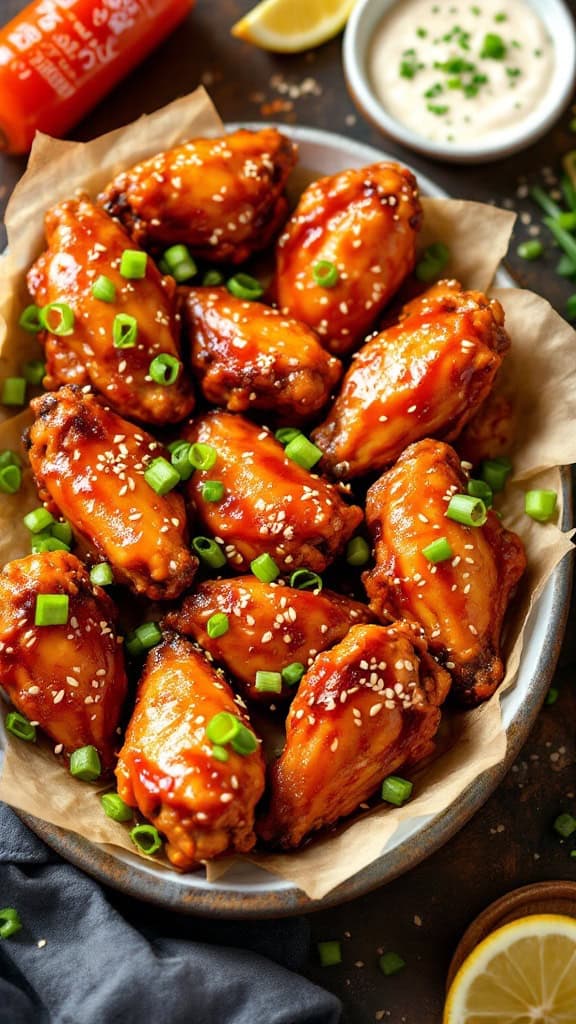A plate of spicy honey sriracha chicken wings garnished with green onions and sesame seeds.